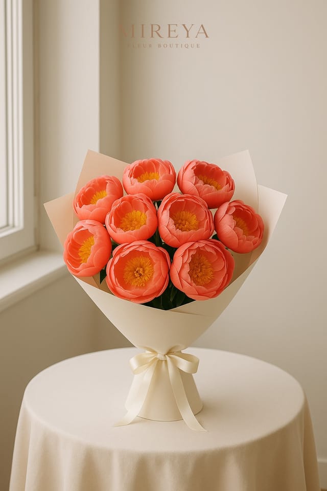 Bouquet Coral — 9 pivoines corail