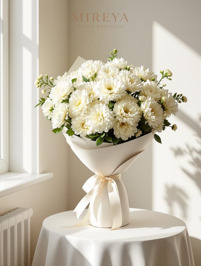 Bouquet Étoile — 15 chrysanthèmes blancs
