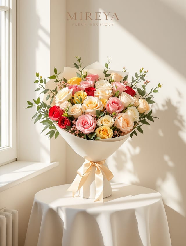Bouquet Fiesta — 25 roses multicolores