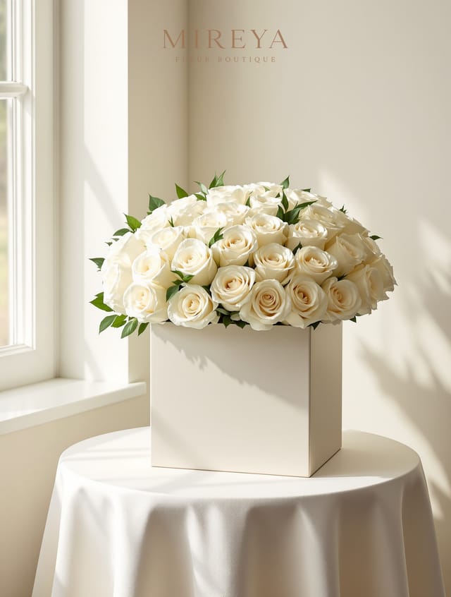 Bouquet Ivory — 25 roses blanches en boîte
