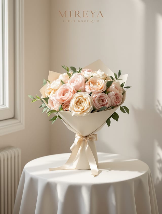 Bouquet Joy — 15 roses pastel façon pivoine