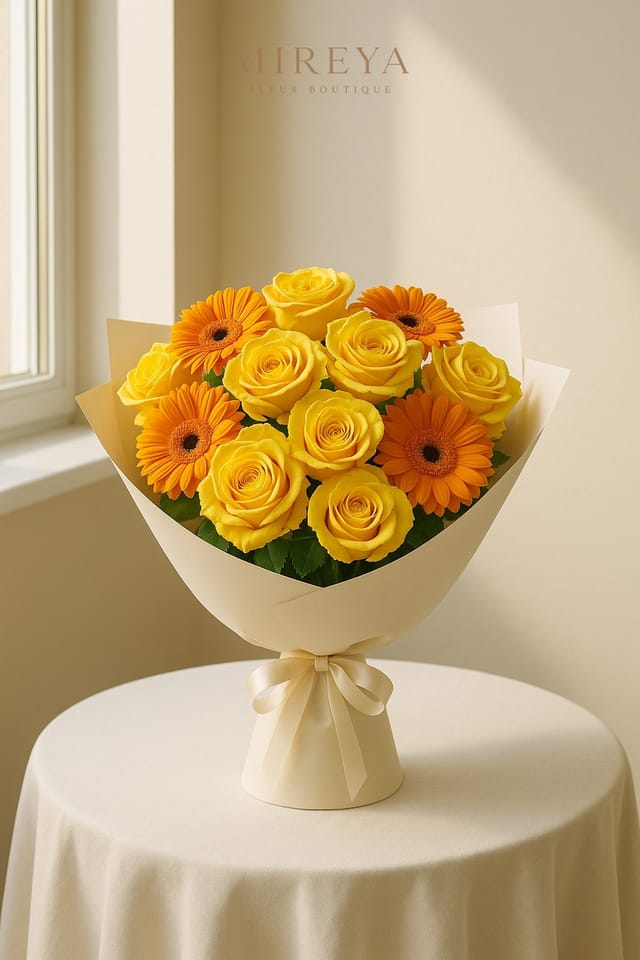 Bouquet Merci — 15 roses jaunes/orange + gerberas