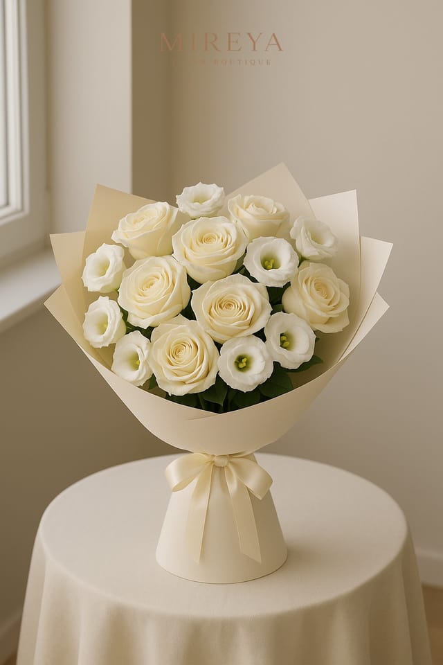 Bouquet Pardon — 11 roses blanches + lisianthus