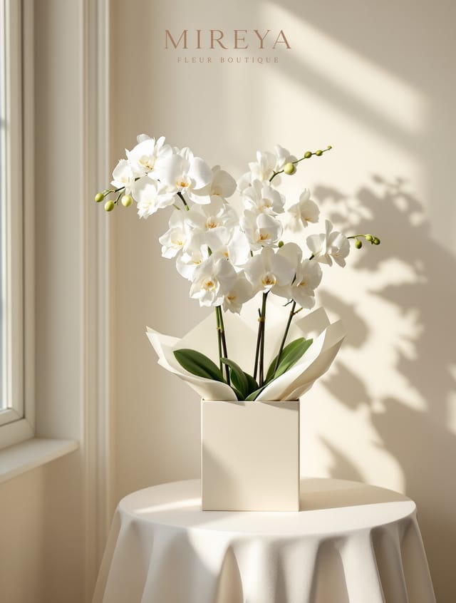 Bouquet Pearl — 3 orchidées blanches en boîte