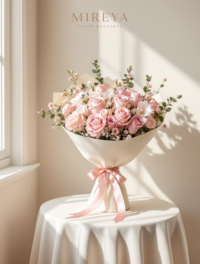 Bouquet Saluti — 15 roses roses + lisianthus