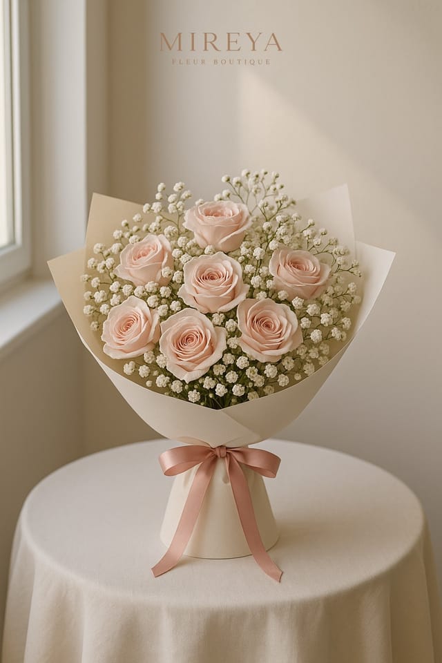 Bouquet Tiny — 9 roses pastel + gypsophile